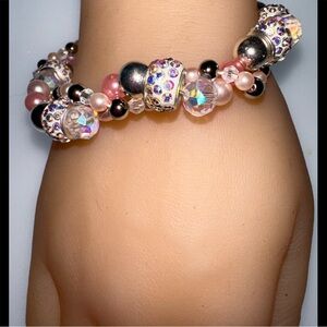 Pink Pearl & Crystal Encrusted Donut Bead Crystal Twisted Beaded Bracelet